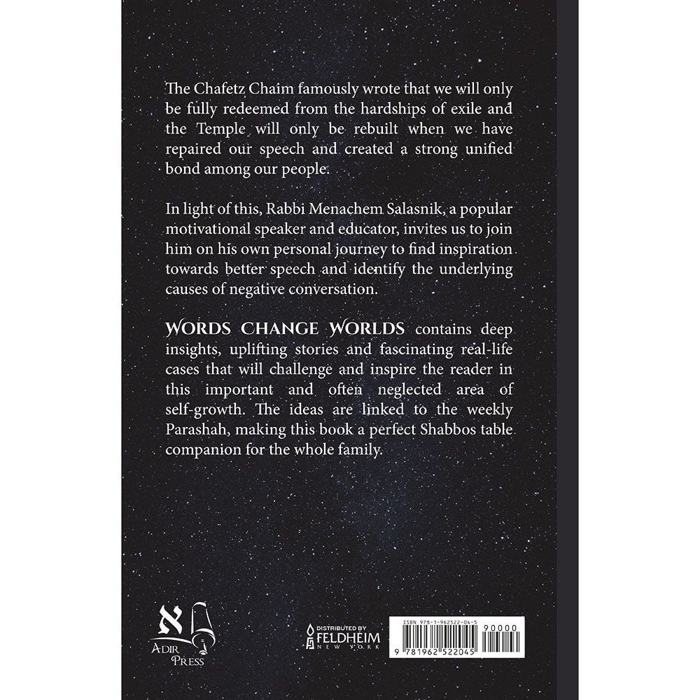 Back cover of Words Change Worlds by Rabbi Menachem Salasnik, with the summary and barcode