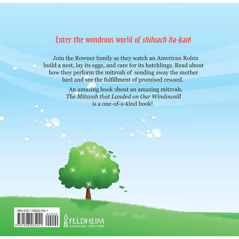 Back cover of The Mitzvah That Landed On Our Windowsill by Chayim and Rochel Rowner, with the summary and barcode
