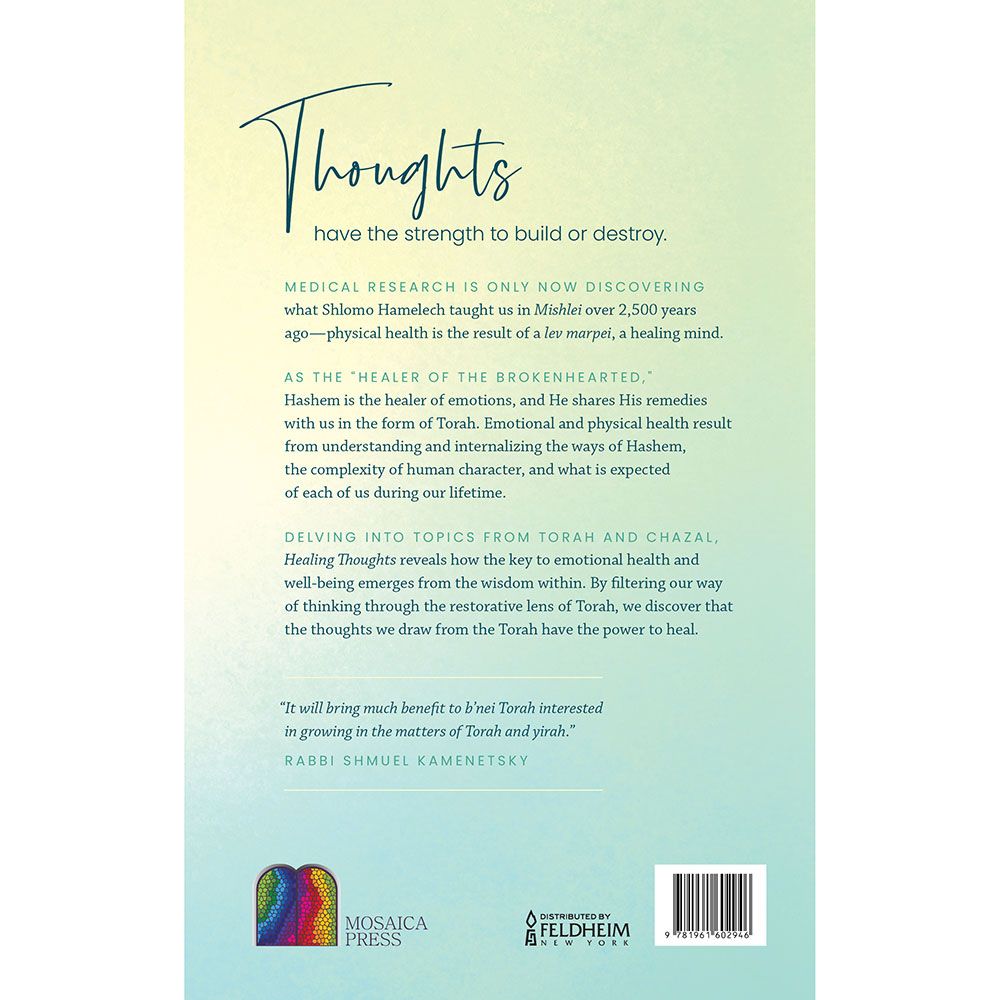Back cover of Healing Thoughts by Rabbi Raphael Bernstein, with the summary and barcode