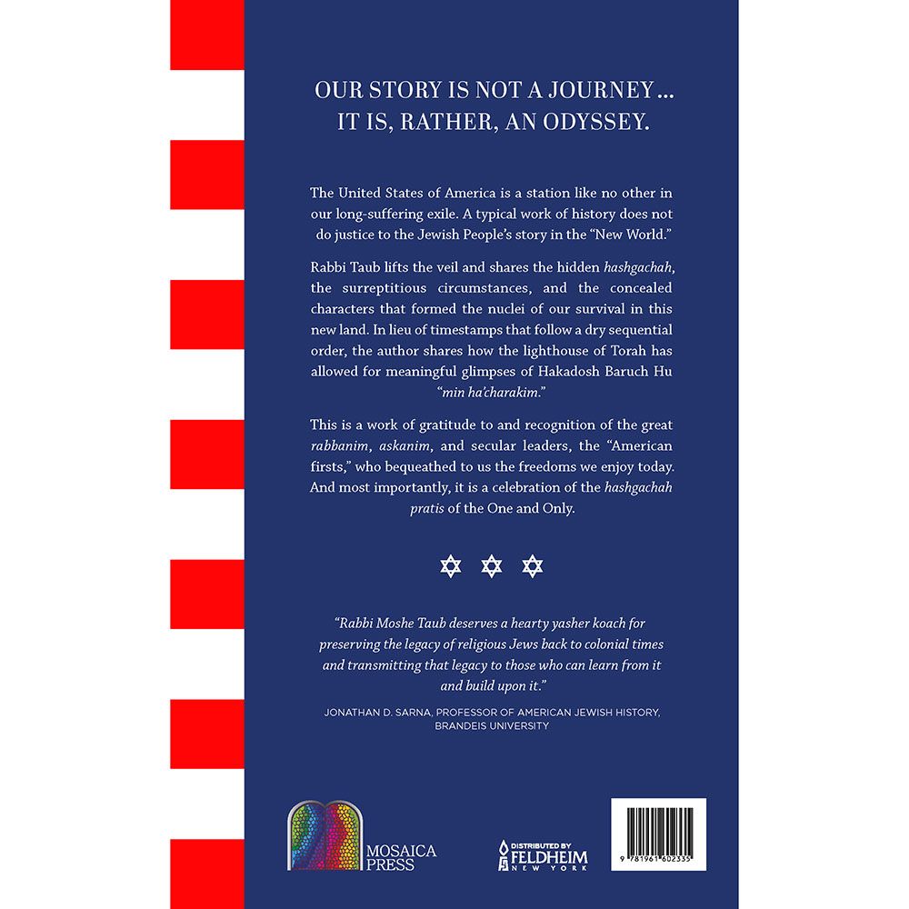 Back cover of Jews in the New World by Rabbi Moshe Taub, with the summary and barcode