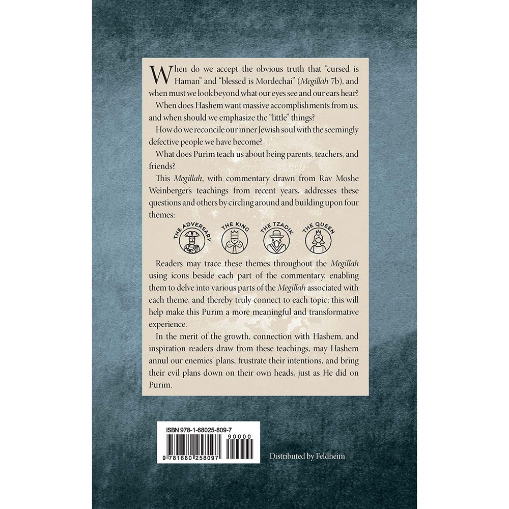 Back cover of Out of the Fire: Megillas Esther by Rabbi Moshe Weinberger, with the summary and barcode