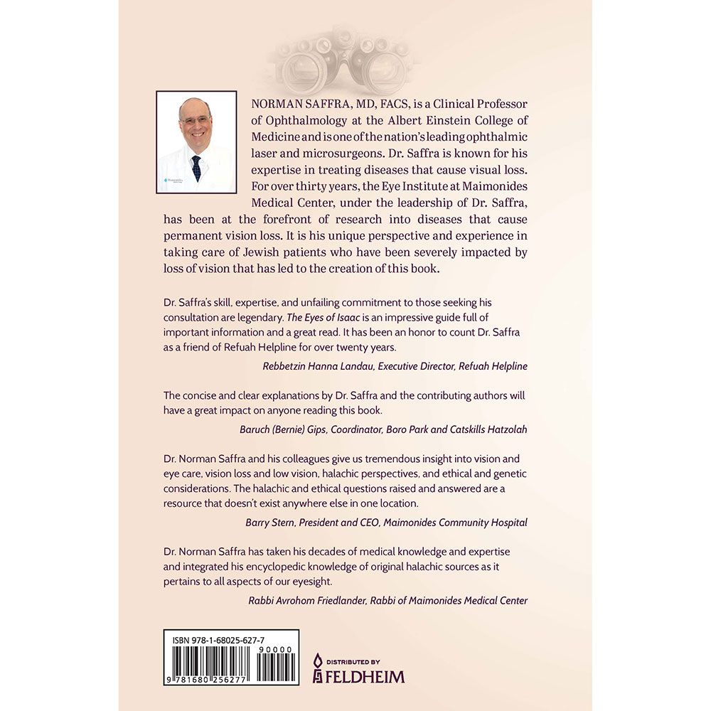 Back cover of The Eyes of Isaac by Norman Saffra, MD, FACS, with the summary and barcode