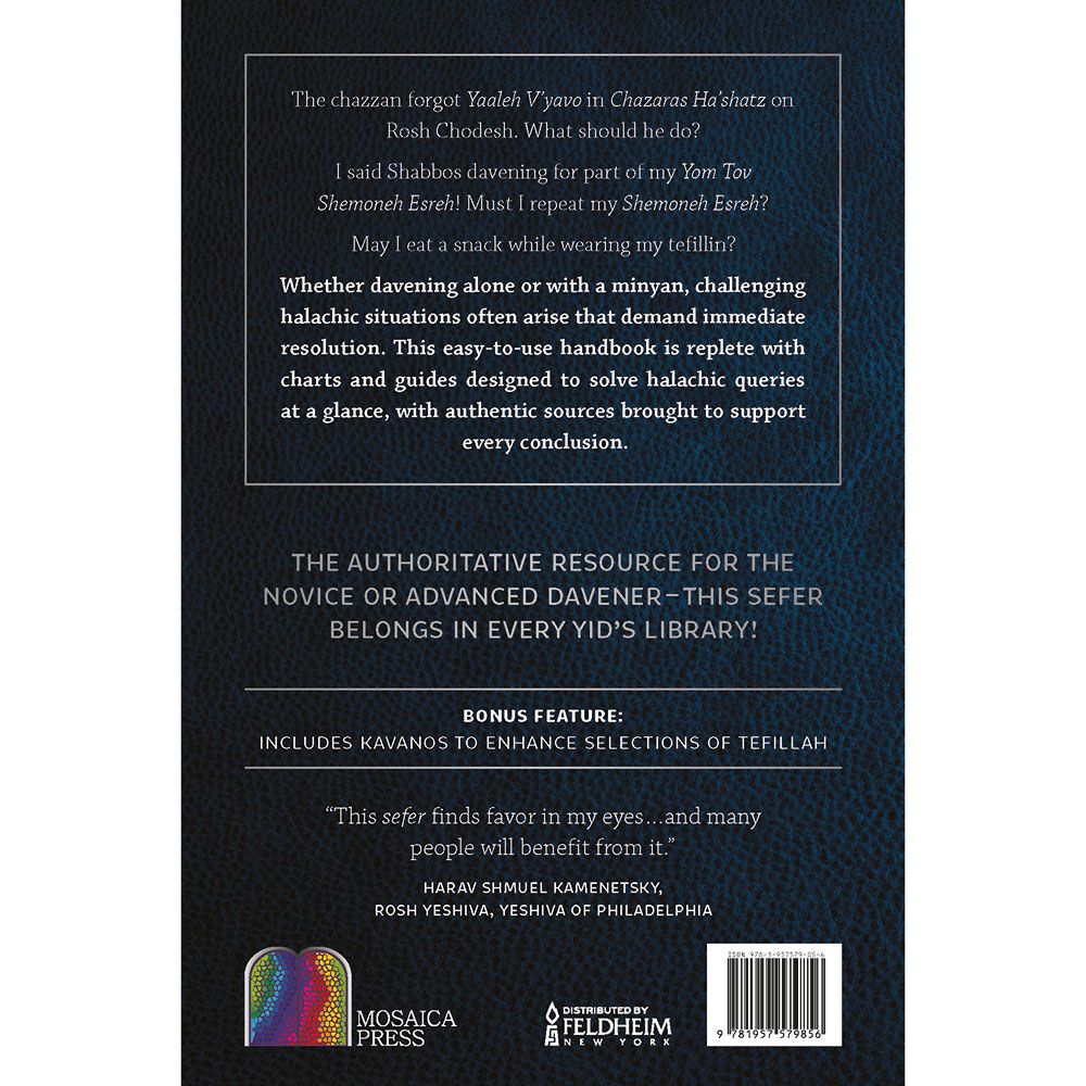 Back cover of The Tefillah Handbook by Rabbi Yechezkel Yudkowsky, with the summary and barcode