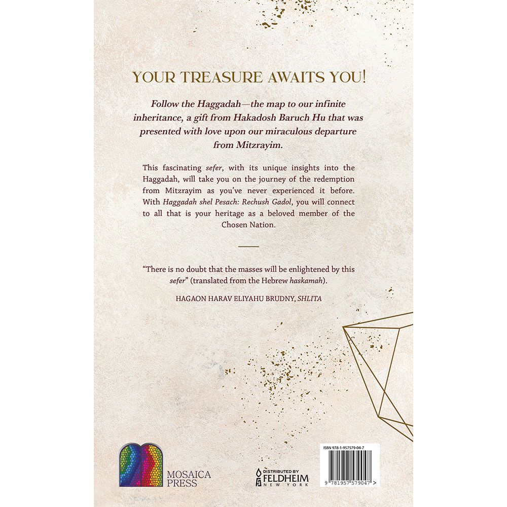 Back cover of Rechush Gadol Haggadah by Yaakov Yosef Schechter, with the summary and barcode