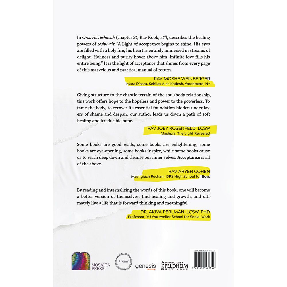 Back cover of Acceptance: A Path Toward Inner Healing by Menachem Poznanski, LCSW, with the summary and barcode