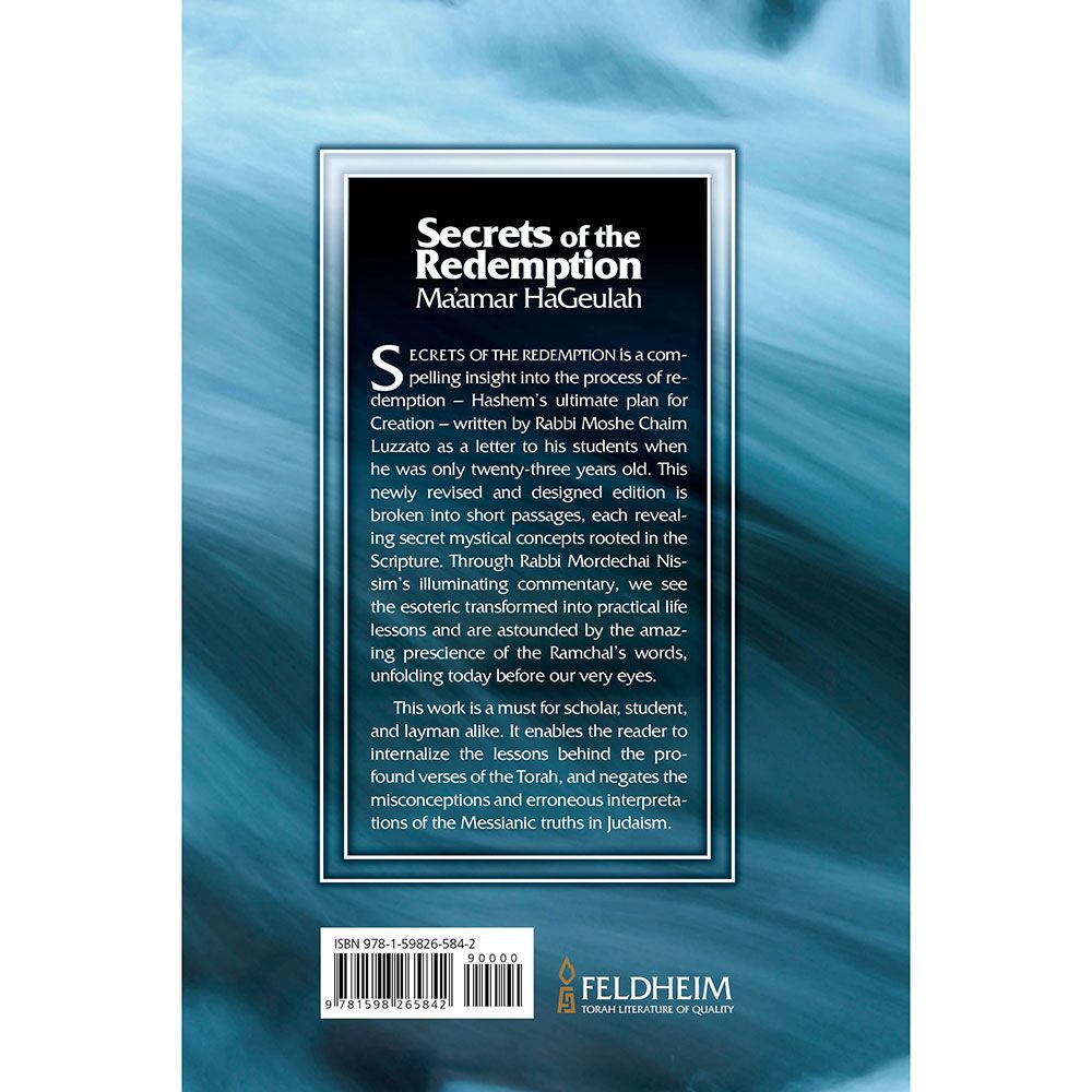 Back cover of Secrets of the Redemption: Ma'amar HaGeulah by Rabbi Moshe Chaim Luzzatto, with the summary and barcode