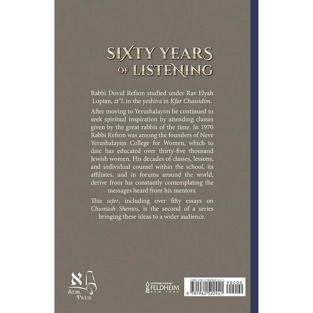 Back cover of Sixty Years of Listening, Shemos by Rabbi Dovid Refson, with the summary and barcode