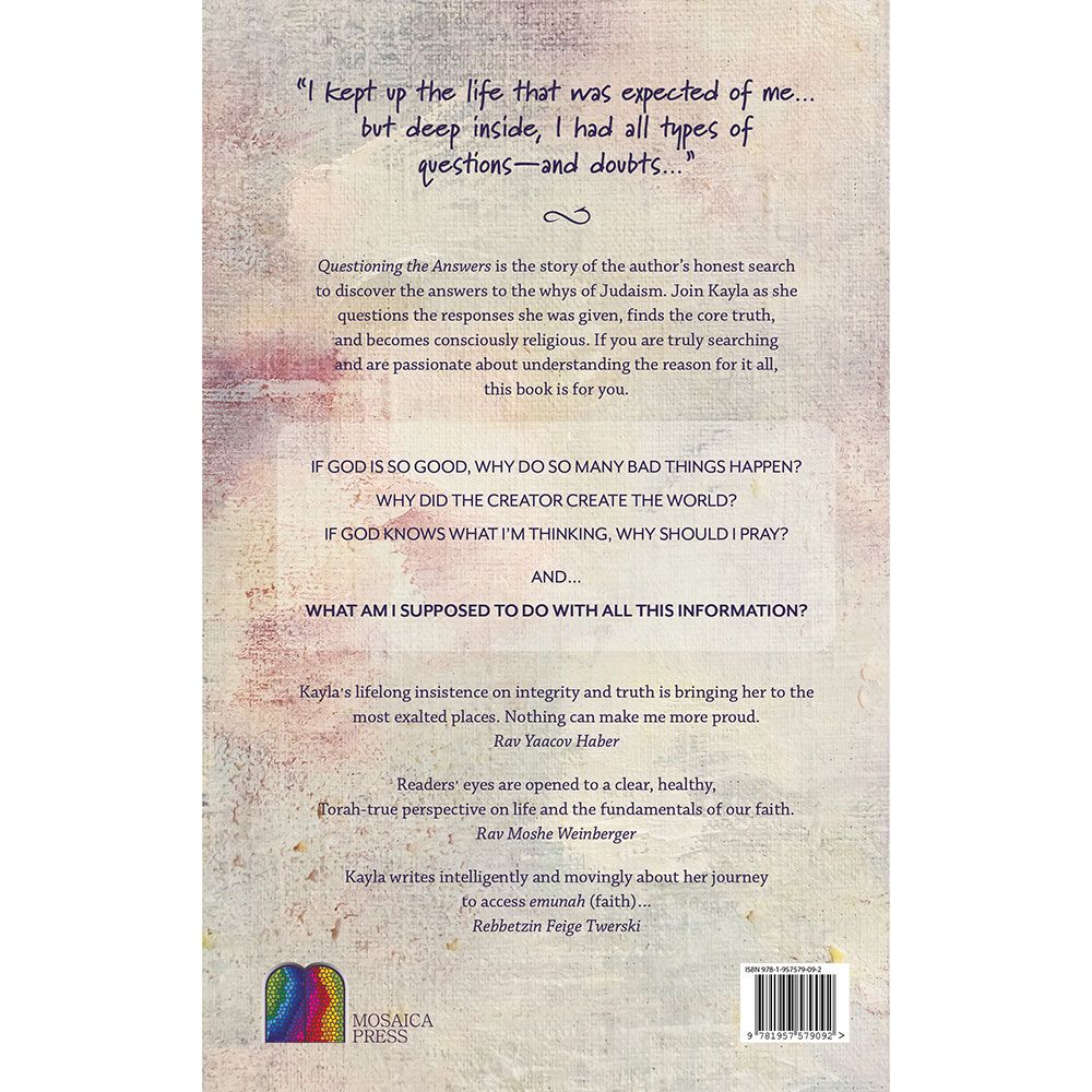 Back cover of Questioning the Answers by Kayla Haber-Goldstein, with the summary and barcode