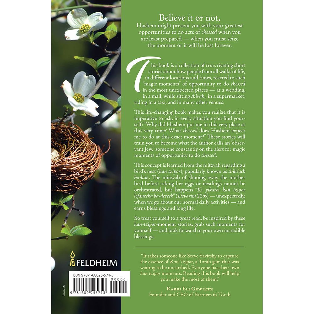 Back cover of Kan Tzipor: Stories of Chessed by Stephen J. Savitsky, with the summary and barcode