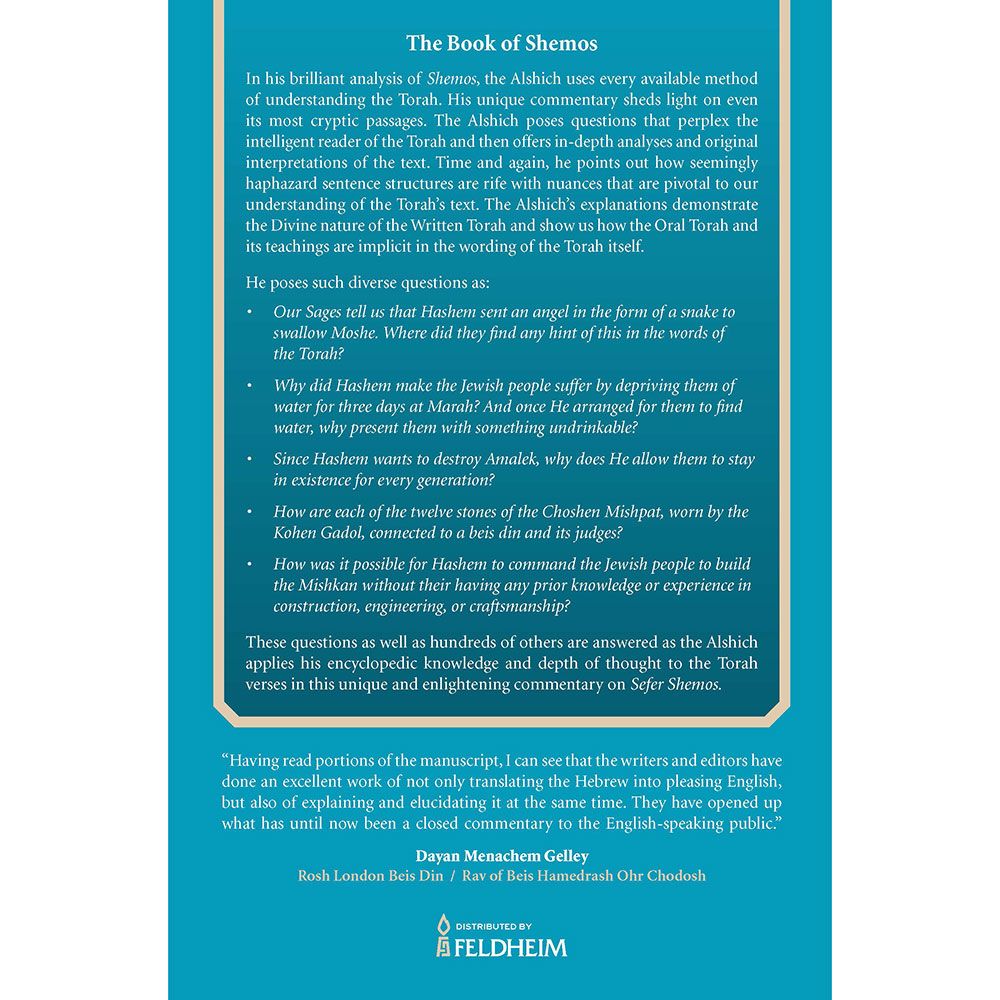 Back cover of Alshich on the Torah, Shemos, 2 Volume Boxed Set by Rabbi Moshe Alshich, with the summary and barcode