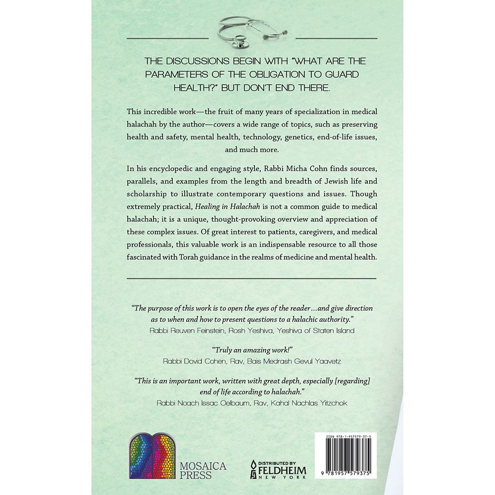 Back cover of Healing in Halacha, Volume 2, Green by Rabbi Micha A. Cohn, with the summary and barcode