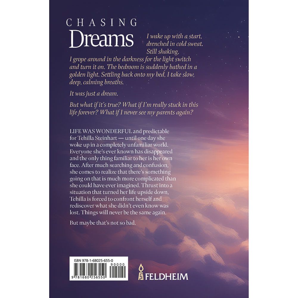 Back cover of Chasing Dreams by Devorah Berlin, with the summary and barcode