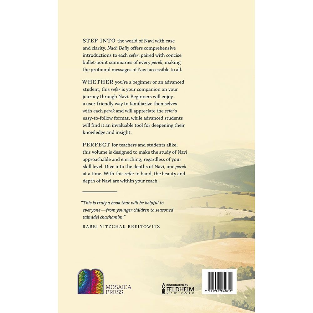 Back cover of Nach Daily by Rabbi Shaya Sussman, with the summary and barcode