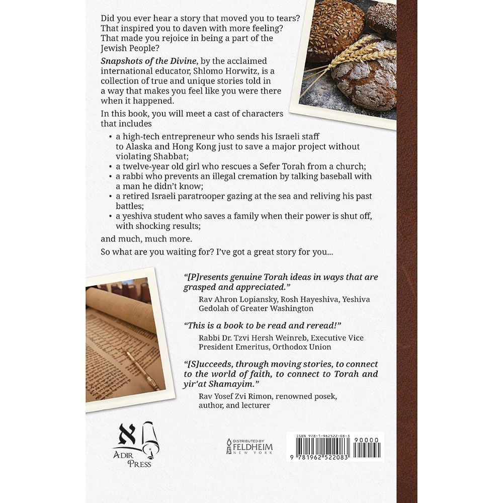 Back cover of Snapshots of the Divine by Rabbi Shlomo Horwitz, with the summary and barcode