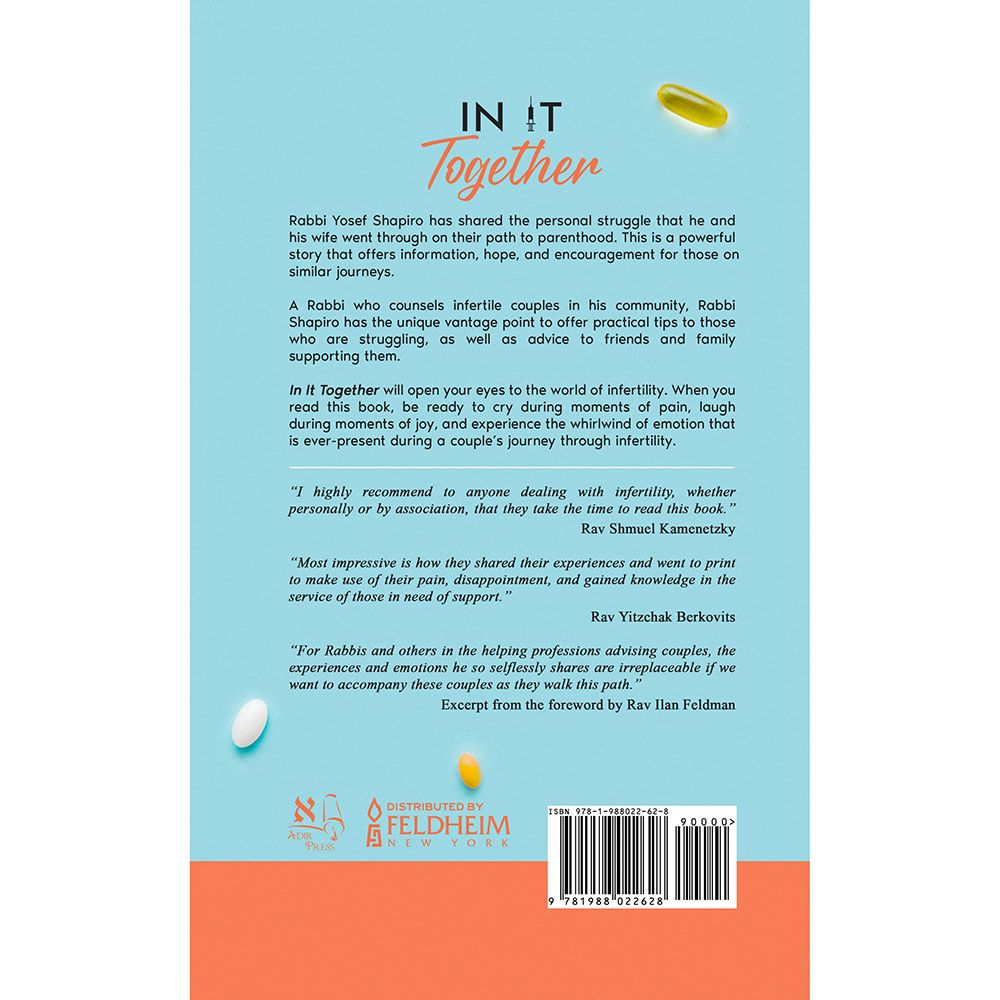 Back cover of In It Together: A Candid View of Infertility by Rabbi Yosef Shapiro, with the summary and barcode