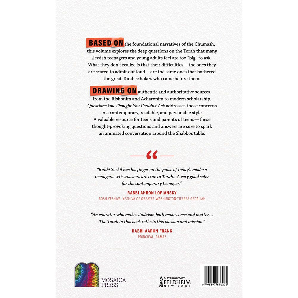 Back cover of Questions You Thought You Couldn't Ask by Rabbi Mordechai Soskil, with the summary and barcode
