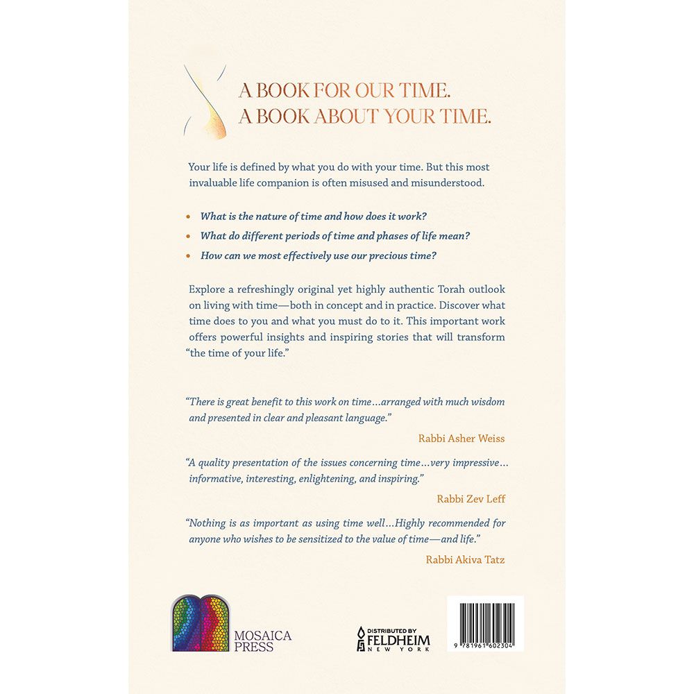Back cover of The Time of Your Life by Osher Chaim Levene, with the summary and barcode