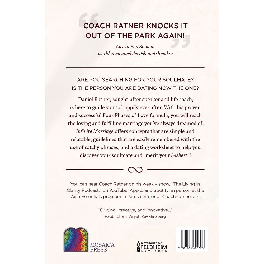 Back cover of Infinite Marriage by Coach Ratner, with the summary and barcode