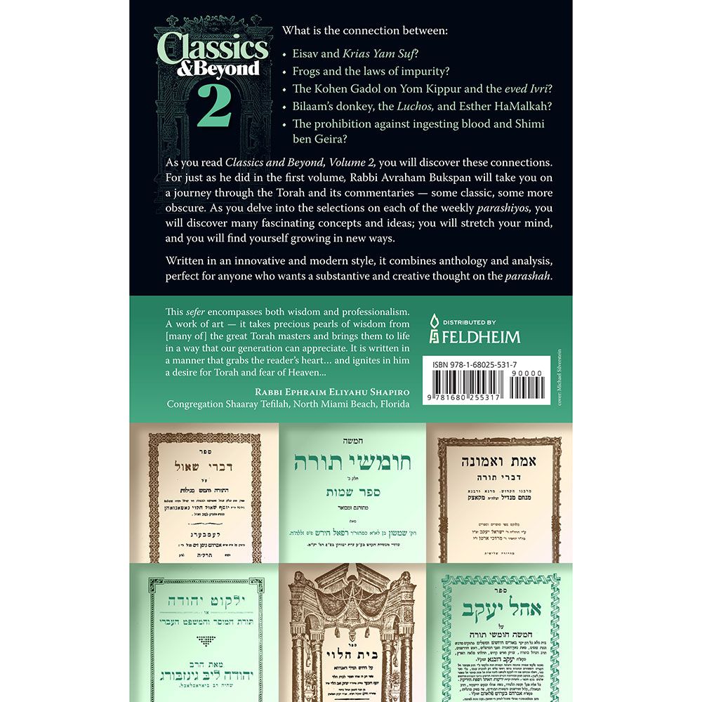 Back cover of Classics and Beyond 2: Parsha Pearls From Classic Commentators to Modern Times, with the summary and barcode