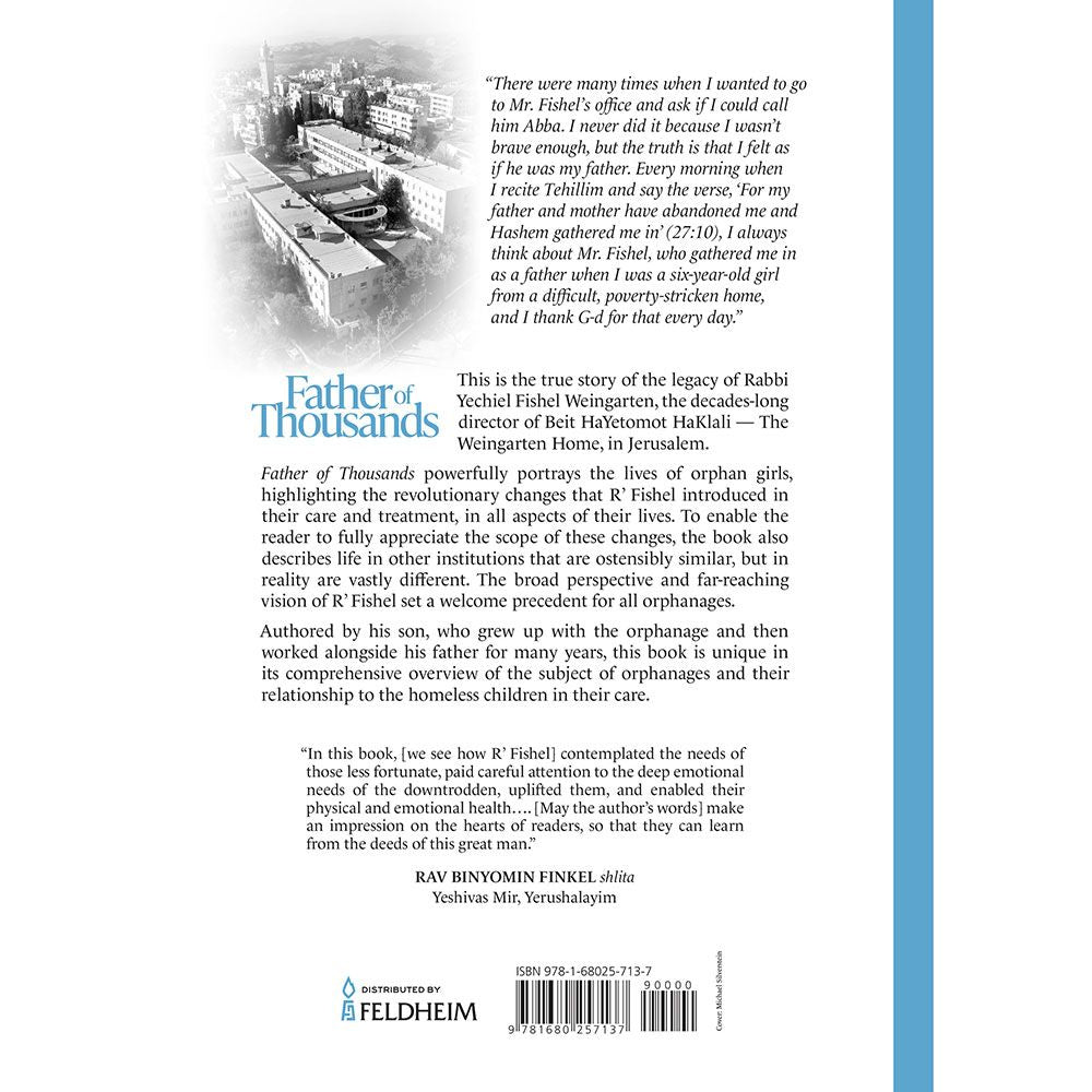 Back cover of Father of Thousands by Rabbi Yehoshua Weingarten, with the summary and barcode