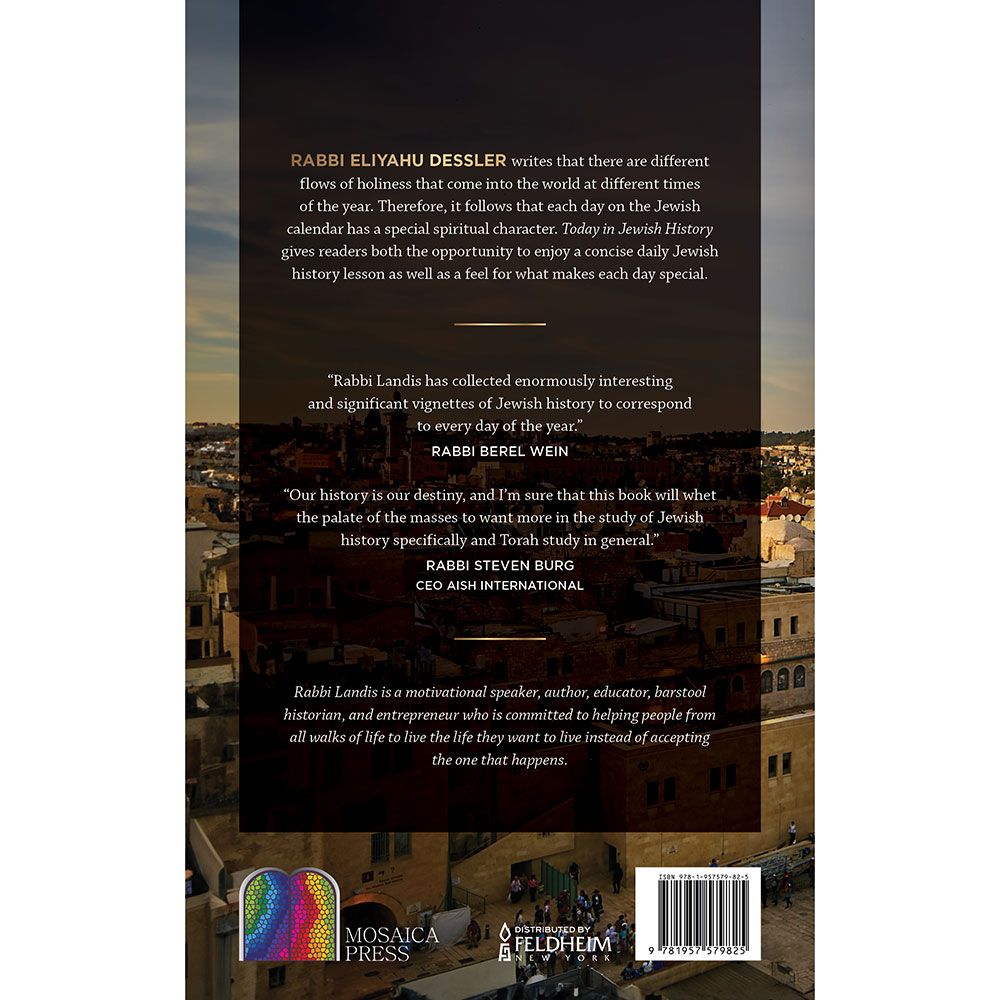Back cover of Today in Jewish History by Rabbi Pinchas Landis, with the summary and barcode