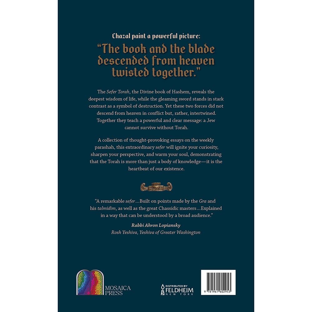 Back cover of The Book and the Blade by Rabbi Avi Weller, with the summary and barcode