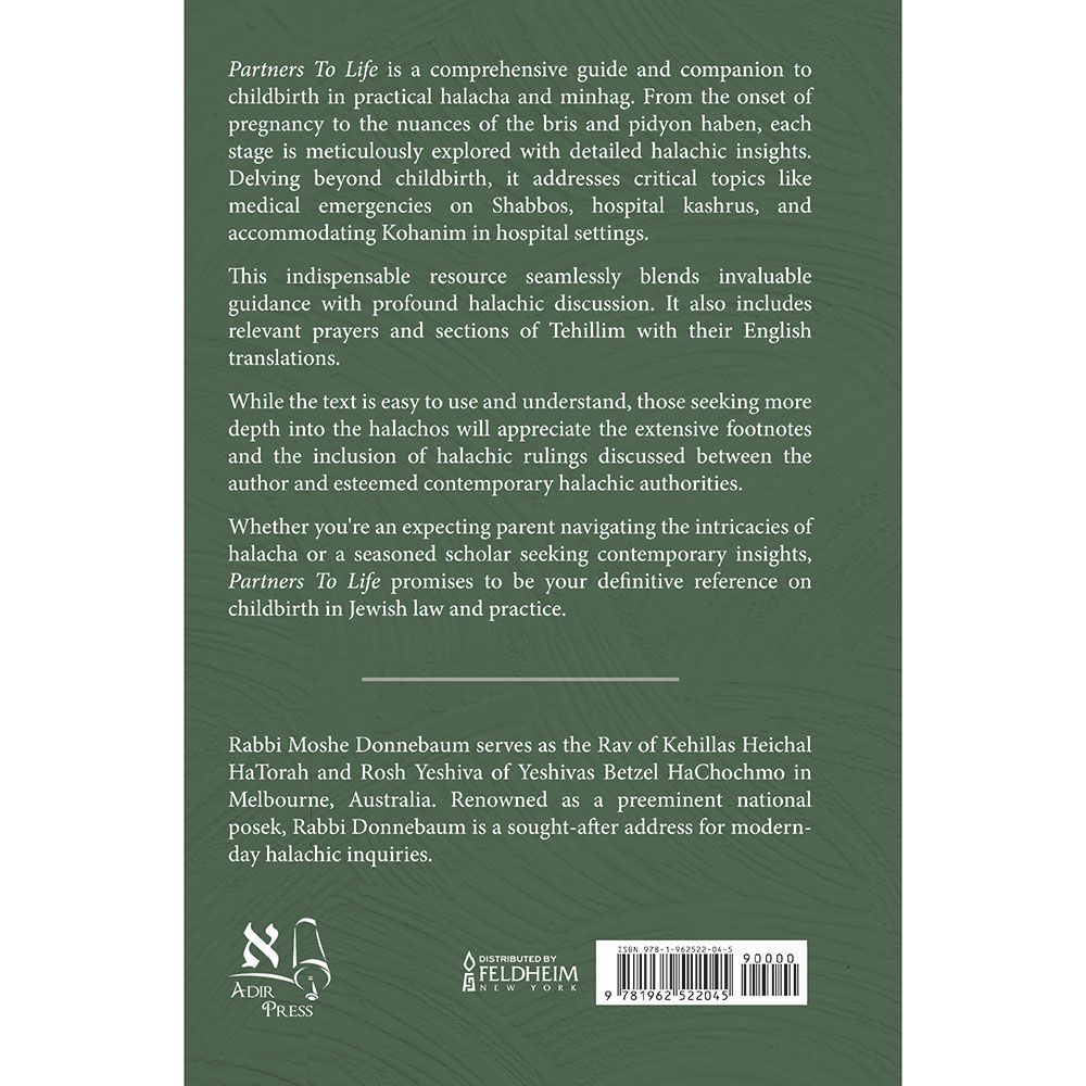 Back cover of Partners to Life by Rabbi Moshe Donnebaum, with the summary and barcode