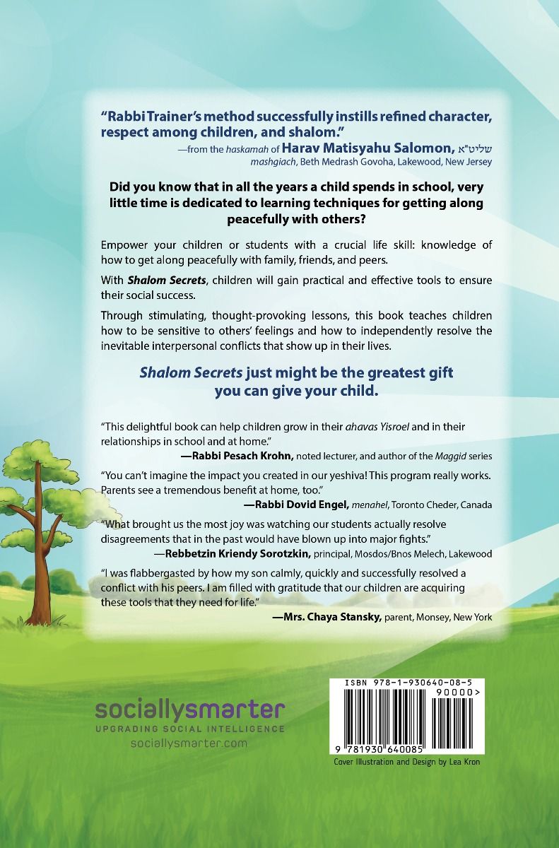 Back cover of Shalom Secrets by Rabbi Chaim Trainer, with the summary and barcode