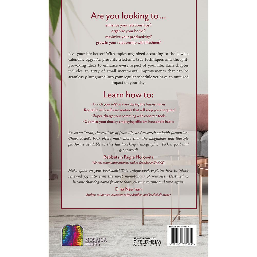 Back cover of Upgrades: Life-Changing Habits for the Jewish Woman by Chaya Fried, with the summary and barcode