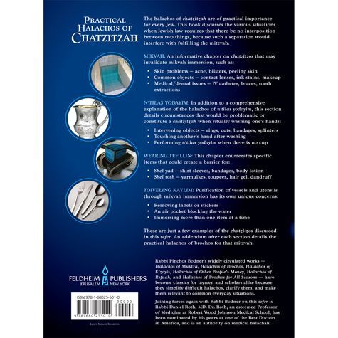 Back cover of Halachos of Chatzitzah by Rabbi Yisroel Pinchos Bodner, with the summary and barcode