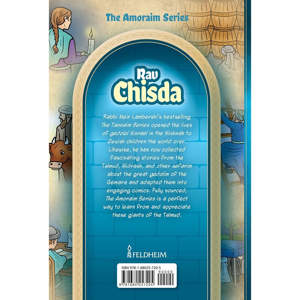 Back cover of Amoraim Series: Rav Chisda by Meir Lamberski, with the summary and barcode