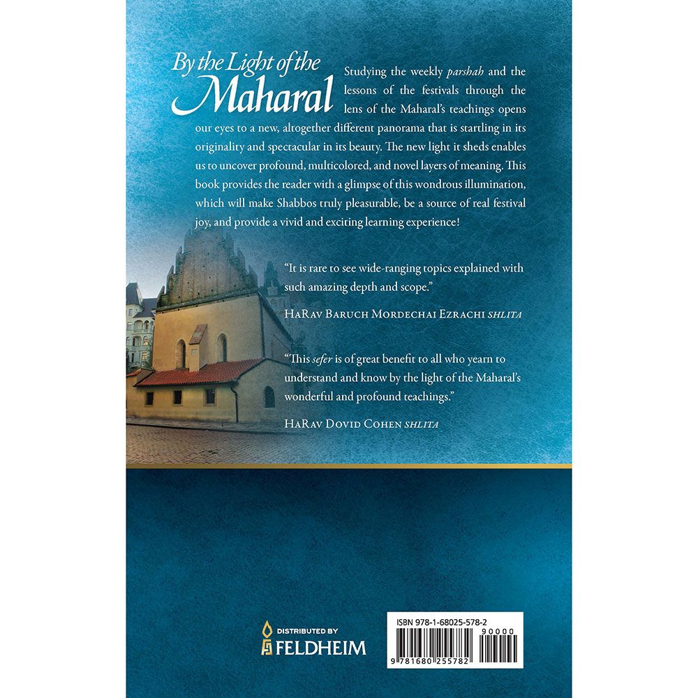 Back cover of By the Light of the Maharal by Rabbi Avraham Weinroth, with the summary and barcode