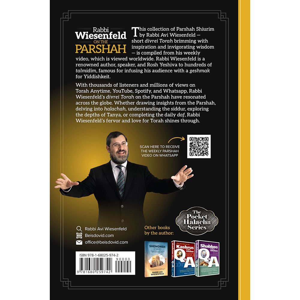 Back cover of Rabbi Wiesenfeld on the Parshah by Rabbi Avi Wiesenfeld, with the summary and barcode