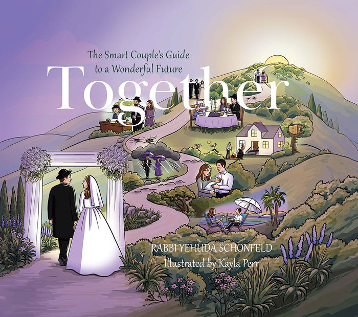 Front cover of Together by Rabbi Yehuda Schonfeld — chuppah couple and illustrated path of married life, hardcover