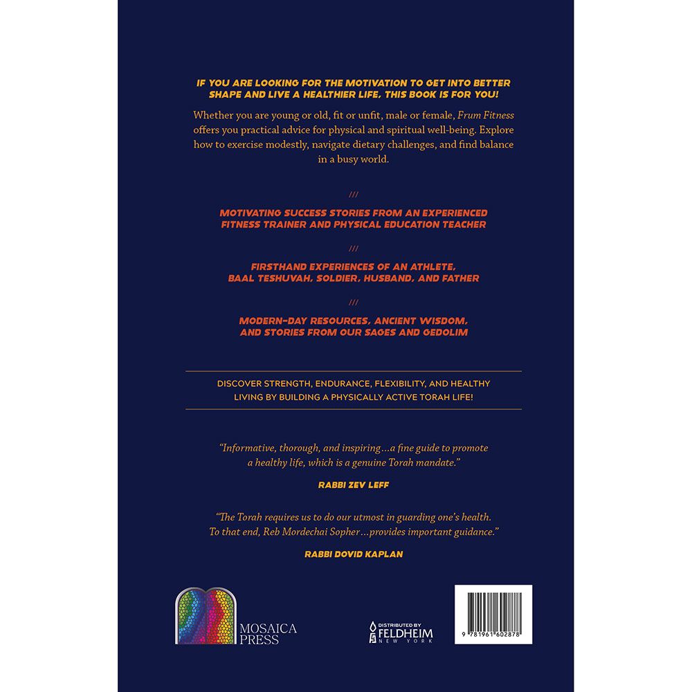 Back cover of Frum Fitness: A Practical Torah Guide to Exercise and Nutrition, with the summary and barcode