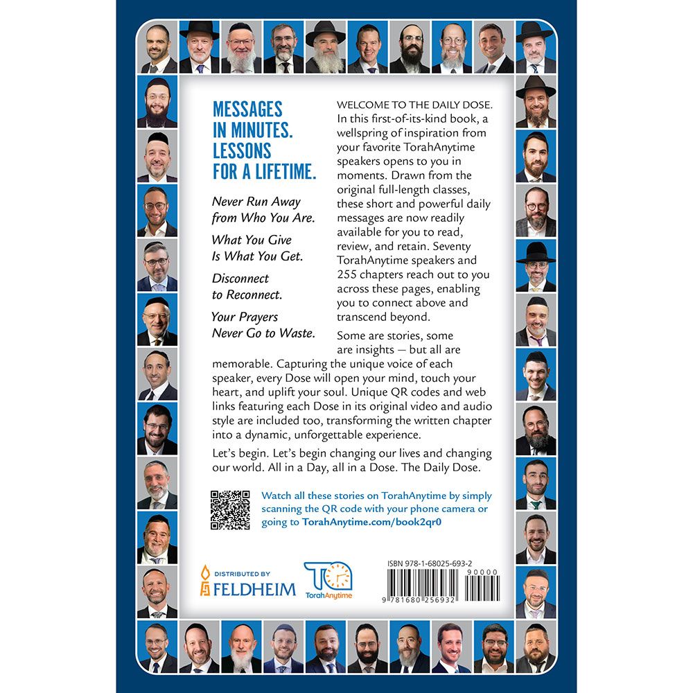 Back cover of Daily Dose by TorahAnytime, with the summary and barcode