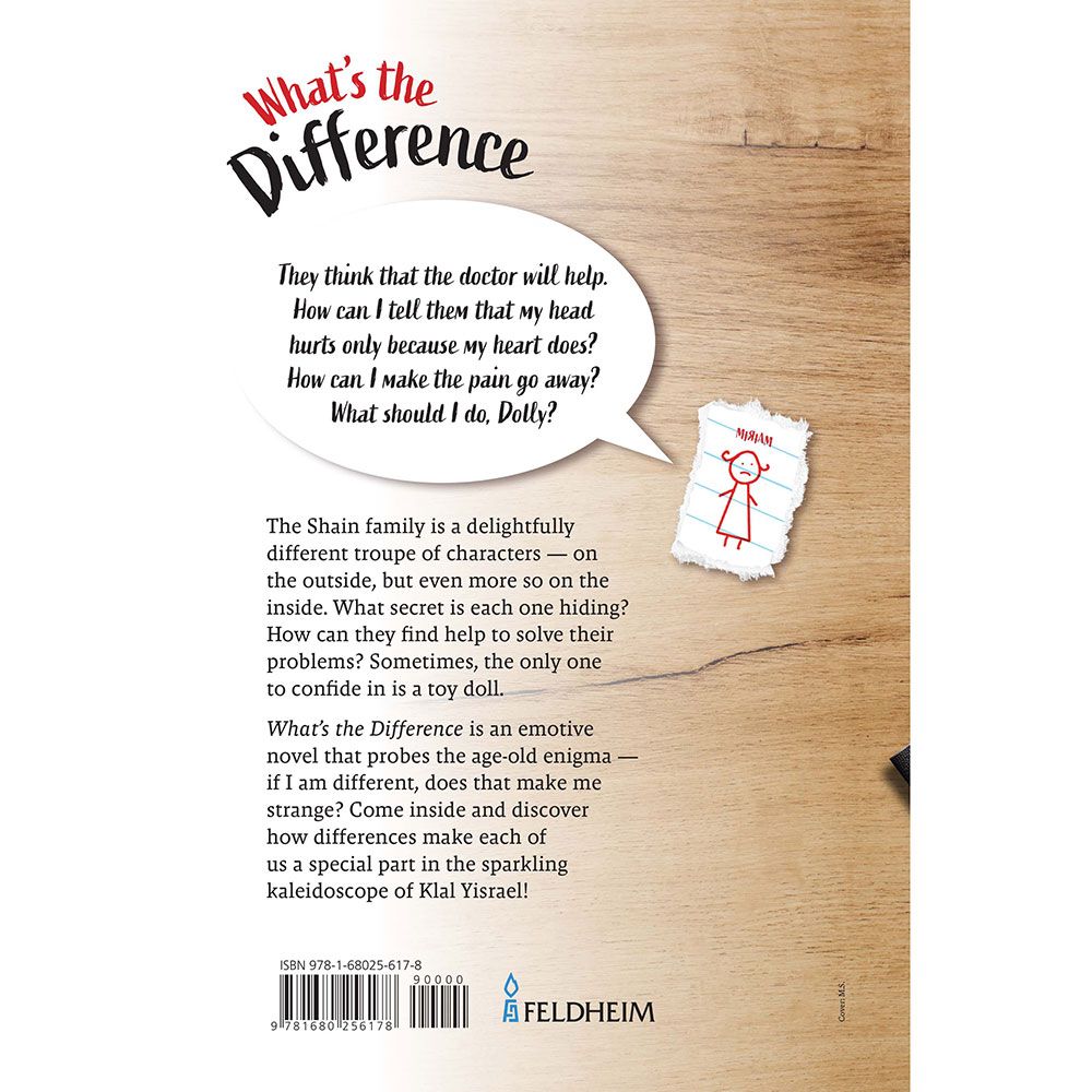 Back cover of What's the Difference? by Rochel Tovli, with the summary and barcode