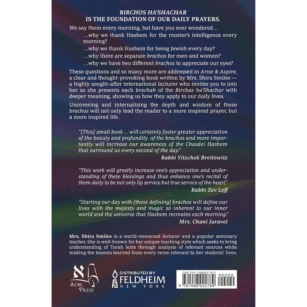 Back cover of Arise and Aspire by Shira Smiles, with the summary and barcode
