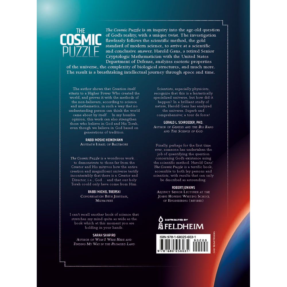 Back cover of The Cosmic Puzzle: A Scientific Investigation into the Existence of God, with the summary and barcode