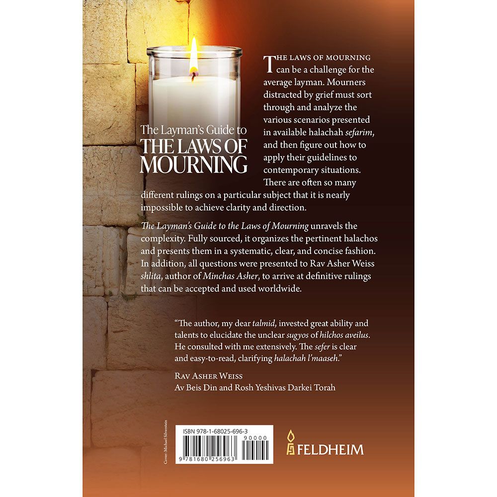 Back cover of The Layman's Guide to the Laws of Mourning by Rabbi Avraham Holzer, with the summary and barcode