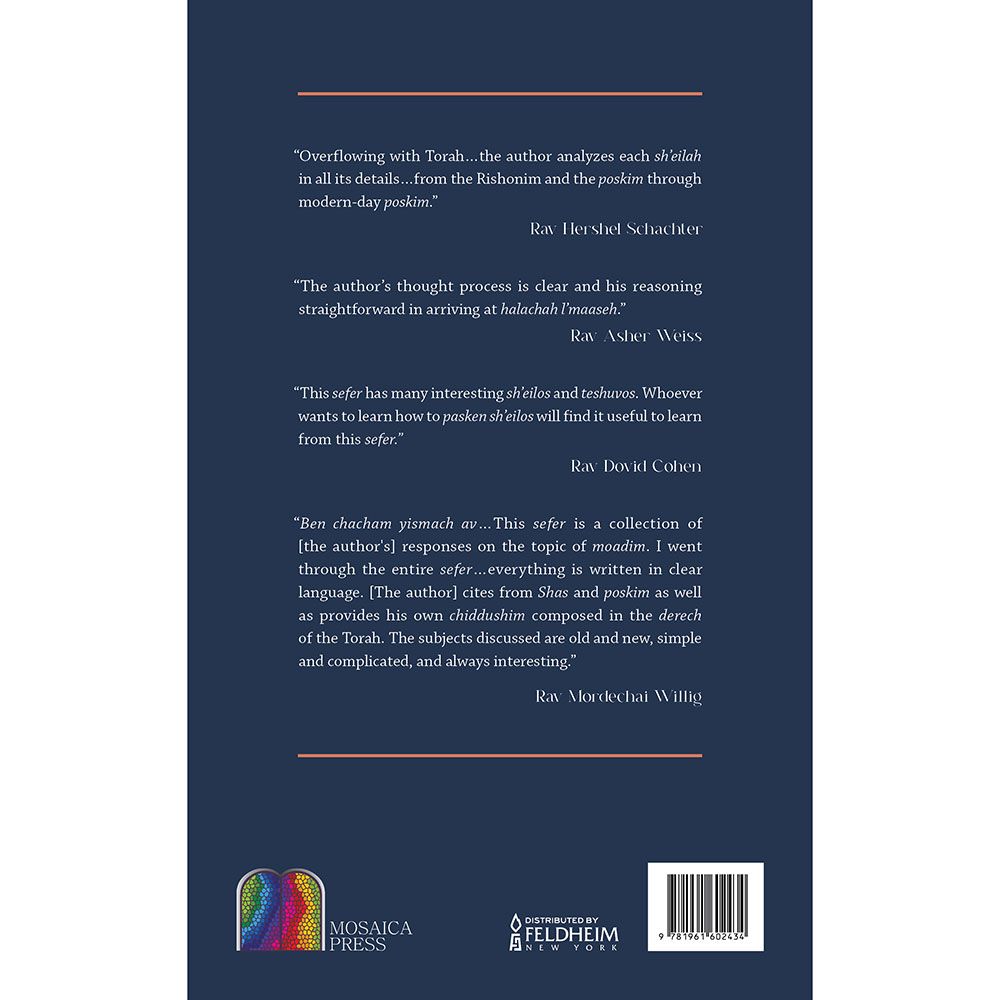 Back cover of Rabbi's Responsa: Moadim by Rabbi Akiva Willig, with the summary and barcode