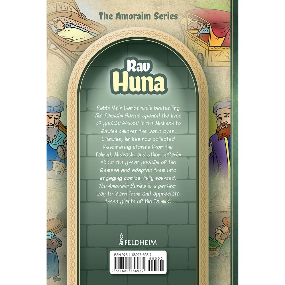Back cover of Amoraim Series: Rav Huna by Meir Lamberski, with the summary and barcode
