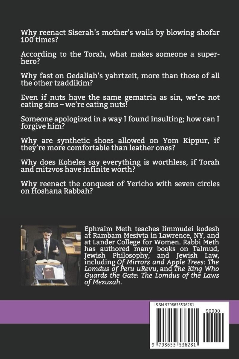 Back cover of Life Lessons of the Yamim Noraim by Rabbi Ephraim Meth, with the summary and barcode
