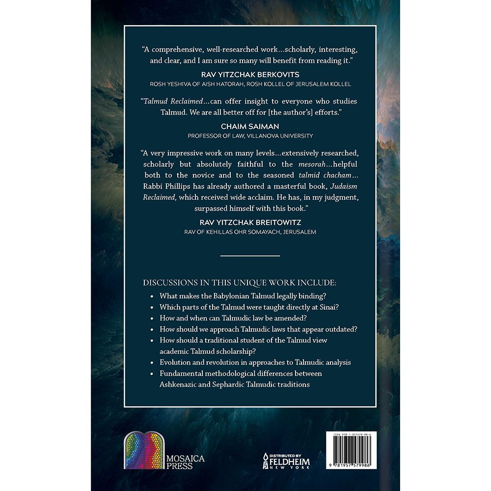 Back cover of Talmud Reclaimed by Shmuel Phillips, with the summary and barcode
