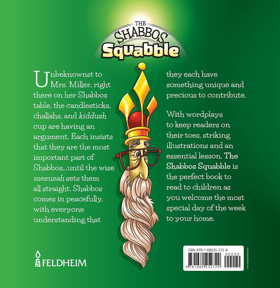 Back cover of The Shabbos Squabble by Lisa Lesnick, with the summary and barcode