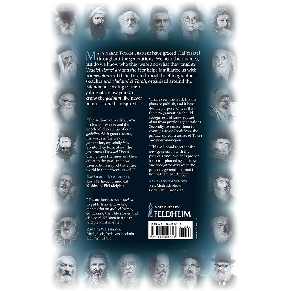 Back cover of Gedolei Yisrael around the Year by Mendy Pollak, with the summary and barcode