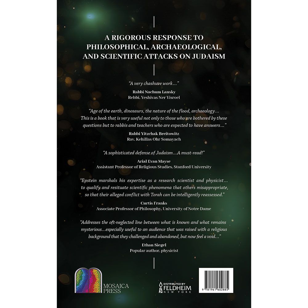 Back cover of Emunah and Physics by Dr. Berel Leib Epstein, with the summary and barcode