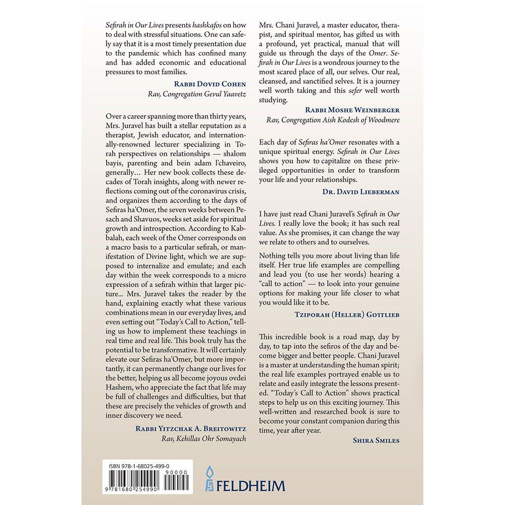 Back cover of Sefirah in Our Lives: A Journey through Sefiras Ha'Omer by Chani Juravel, with the summary and barcode