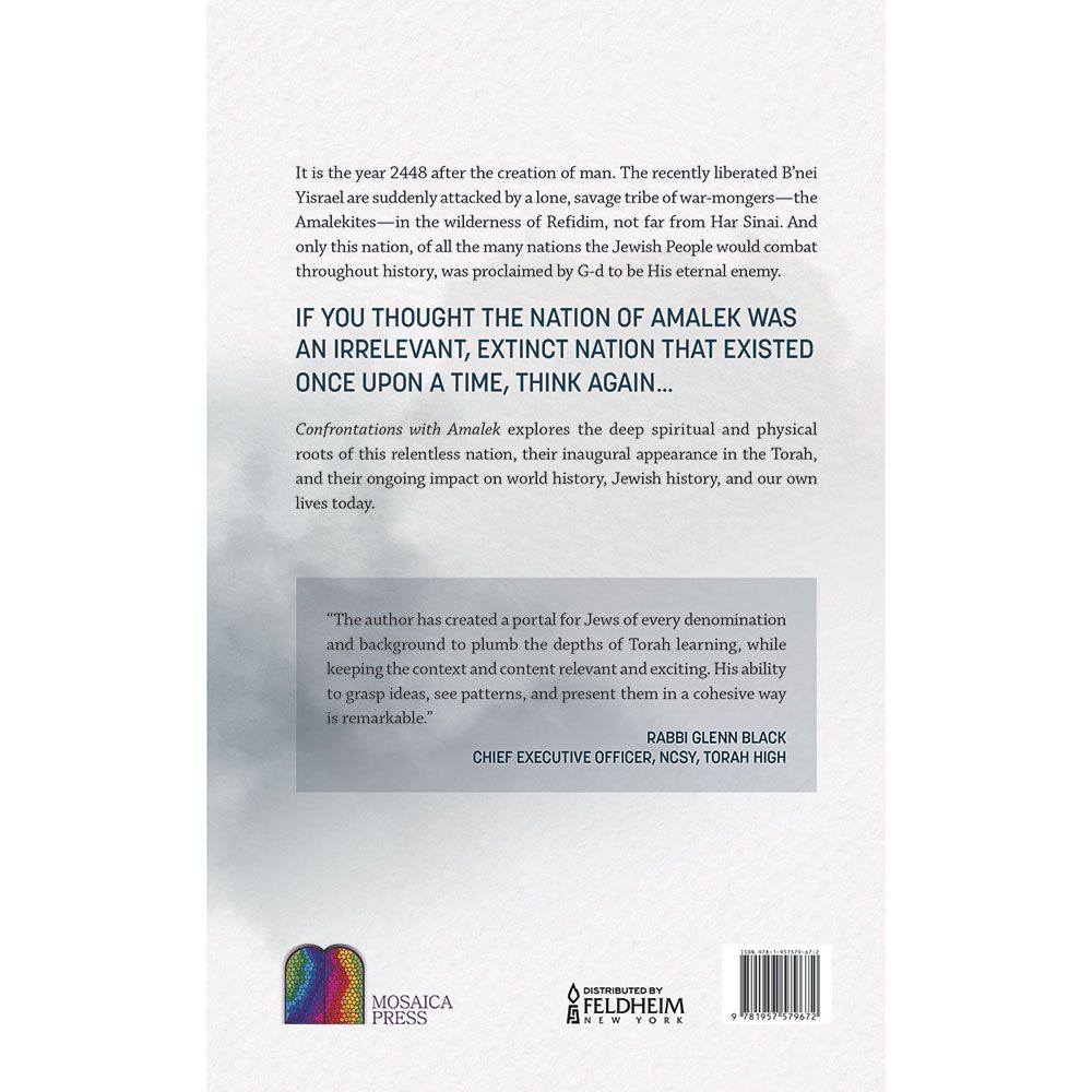 Back cover of Confrontations With Amalek by Ruben Ben Quesus, with the summary and barcode