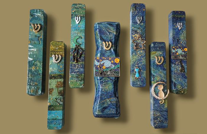 Van Gogh inspired wood mezuzah with starry washi tape and glitter